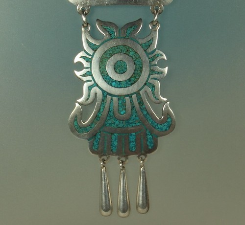 Taxco AZTEC SUN Turquoise Necklace 24" 1950s 70.4g STERLING Mexico Unisex FAB - Picture 6 of 9