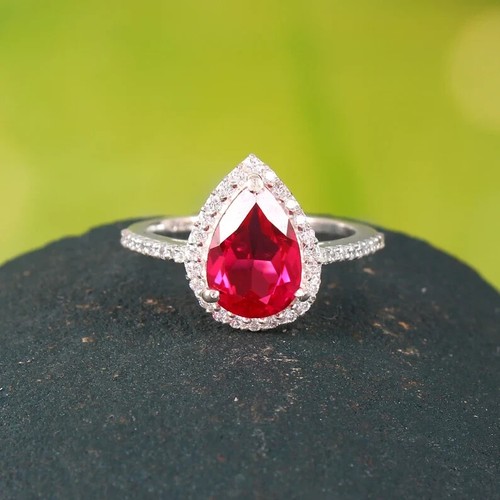 Rubí Anillo,Corte Pera Hecho a Mano Compromiso Anillo 14K Oro Blanco Macizo - Imagen 3 de 4