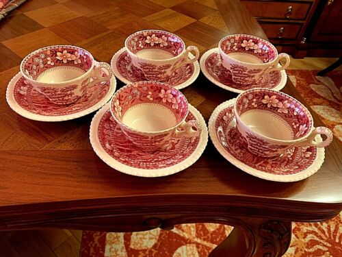 Set of 5 Cups & Saucers "SPODE" Pink Tower Spode Design c.1814, made in England. - Picture 1 of 5