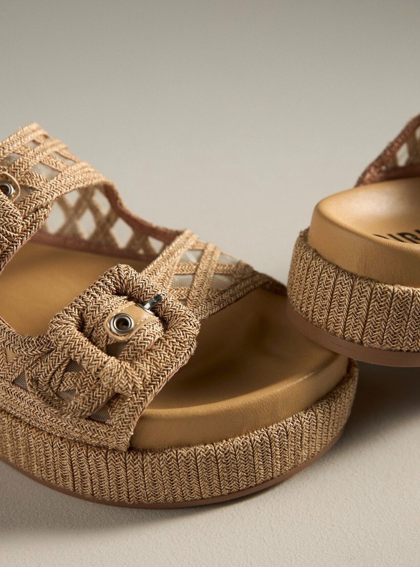 Anthropologie Bibi Lou Raffia Woven Platform Slide Sandal Buckle