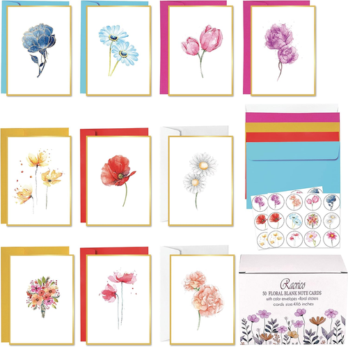50 Blank Note Cards & Envelopes, 10 Gold Foil Floral Designs, 4x6, Stickers