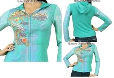 Green Gray Splatter Dye Floral Print Full Zip Front Hooded Hoodie S