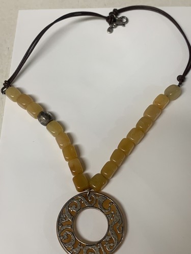 NICE SILPADA YELLOW JADE STERLING SILVER LEATHER NECKLACE PENDANT - Picture 3 of 5