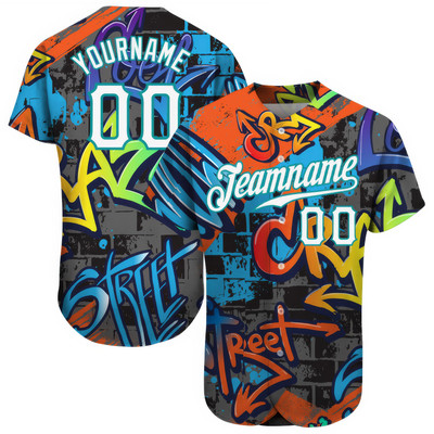Custom Graffiti Geometric Pattern White Teal 3D AOP Baseball Jersey
