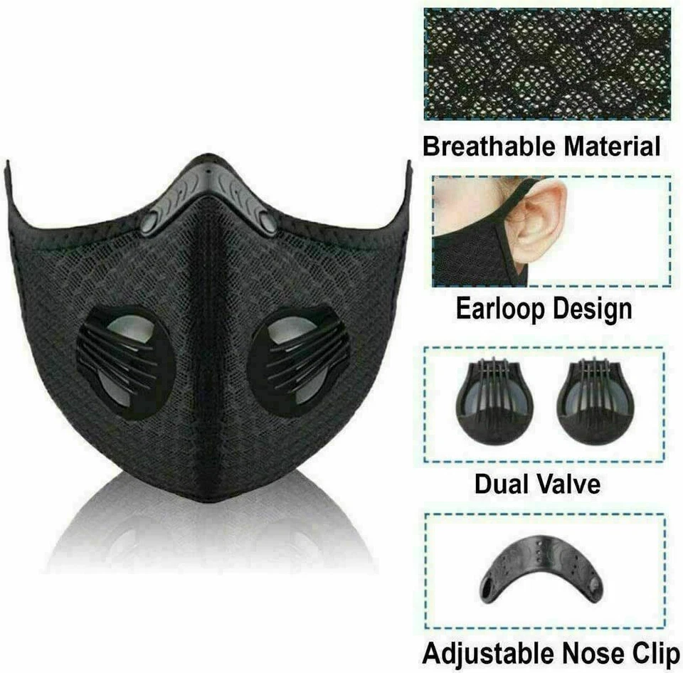 NEW style Cycling Face Mask With Active Carbon Filter Breathing Valves Reusable - Image 3 of 4