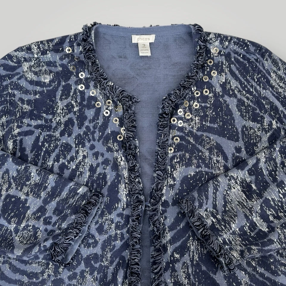 Chico's Blue Silver Foiled Animal Frankie Fringe Open Cardigan Sweater Sz 3 (XL) - Image 4 of 4