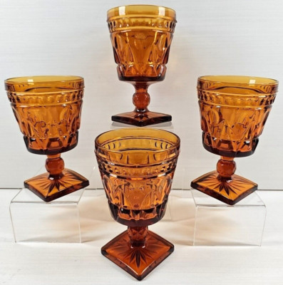 4 Colony Park Lane Amber Water Goblets Set Vintage Indiana Drinking Stemware Lot
