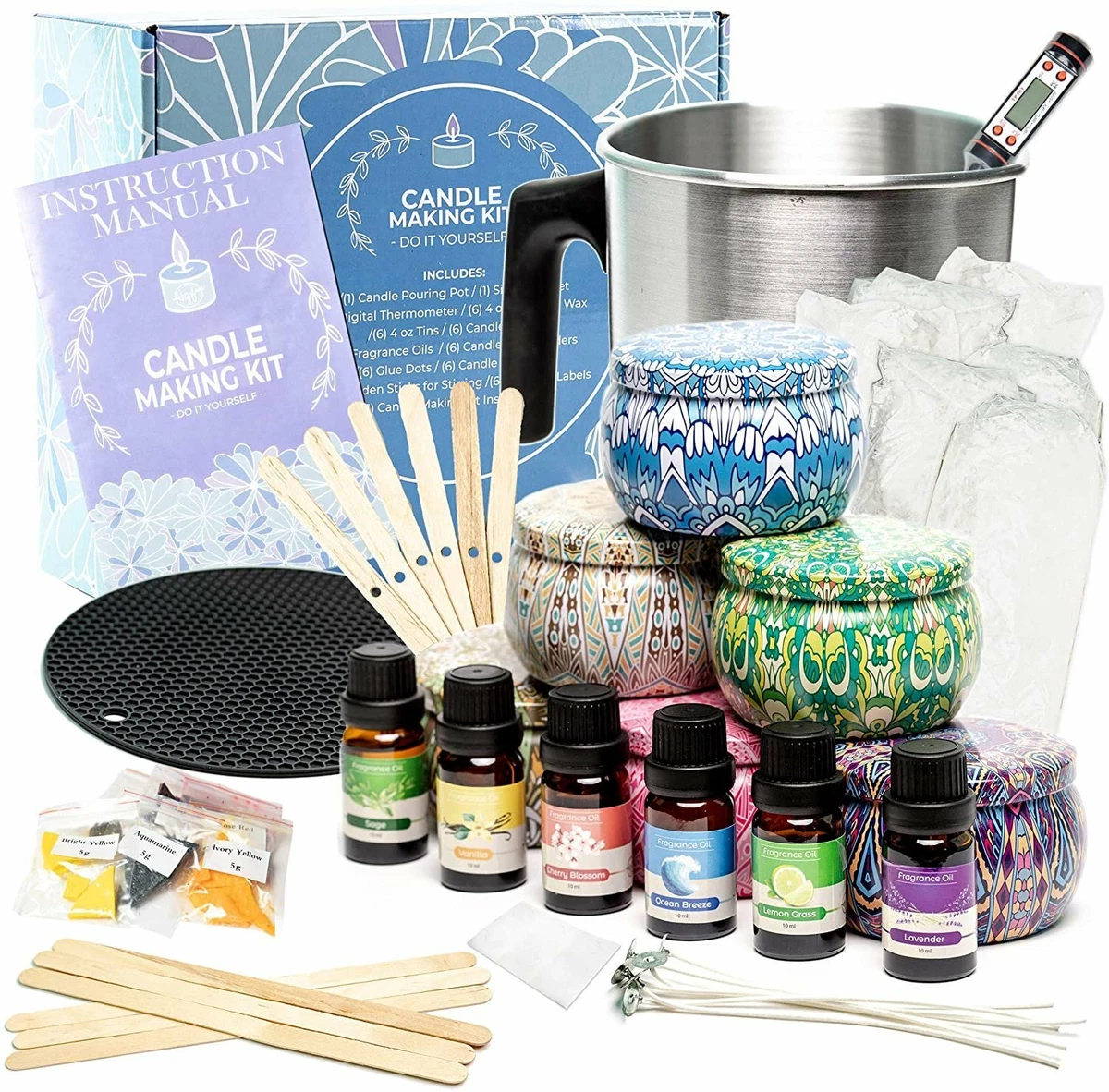 Candle Making Kit, Complete Candle Making Supplies, DIY Candle Making Kit  for Adults & Beginners & Kids Including Wax, Wicks, 8 Essential Oils,8  Kinds of Scents, Dyes, Melting Pot, Candle Tins 