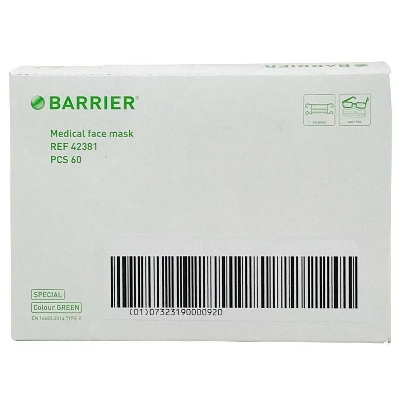 *60-Pack* Molnlycke Barrier Medical Face Mask Special Green Type 2 II 42381