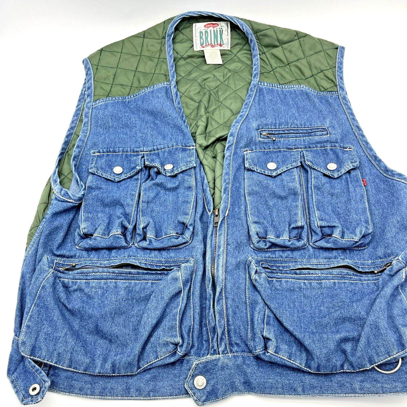 Vintage On The Brink Blue Denim Vest Fishing Utility Photography Men's Size L