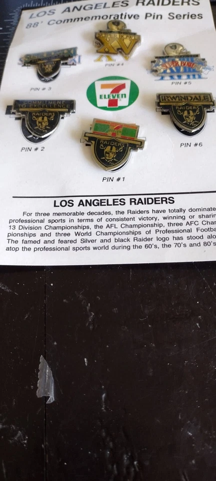 Los Angeles Raiders 1988 Conmemorativo 6 Pines Especial 7/11 Promo SB XI XV XVIII Foto 2 de 3