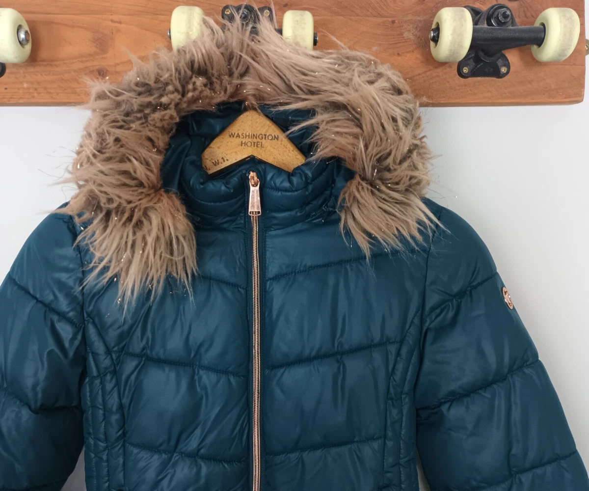 WOMENS MICHAEL KORS FUR HOOD TRIM TEAL BRIGHT DESIGNER PUFFER COAT PADDED JACKET