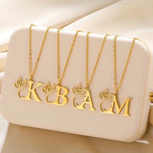 ✅ Collier Acier Inoxydable Lettre Prénom Fleur Femme pendentif initial Bijoux - Picture 2 of 30