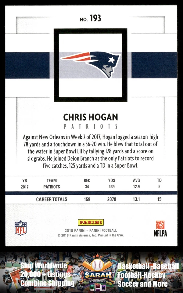 2018 Panini #193 Chris Hogan New England Patriots - Image 2 of 2