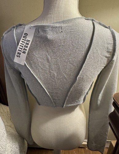 NWT Urban Outfitters Sparkle Top Silver Blue Split Hem NYE Blouse Stretch Small - Picture 12 of 18