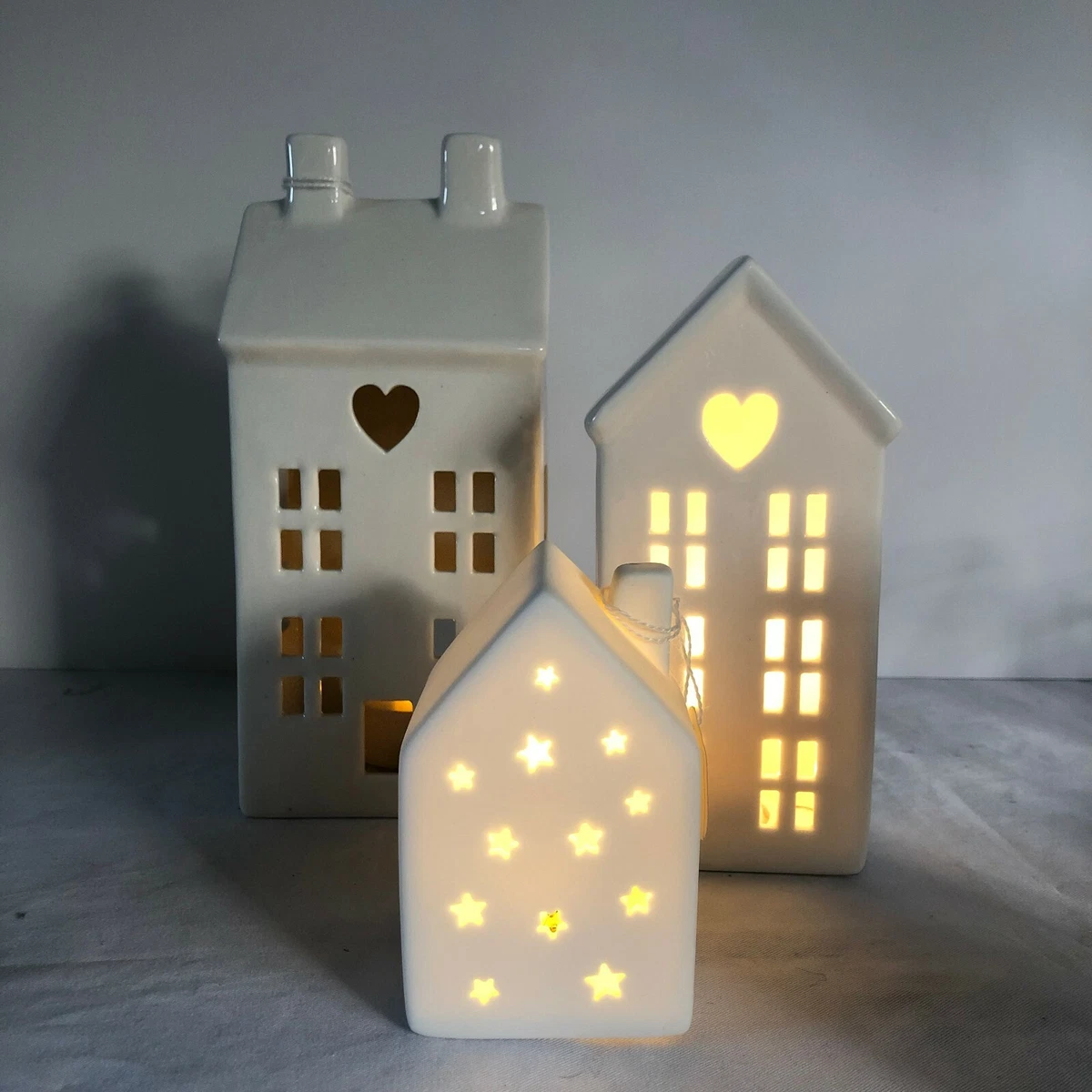 Vintage Christmas Style Ceramic Houses Tea Light Holder LED Lights