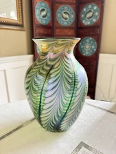 Large Lundberg Studios Art Glass Iridescent Vase, 12.75" tall