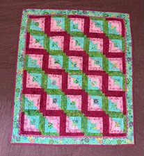 Handmade Lob Cabin Quilt Lap Child Blanket Green Pink 38x45