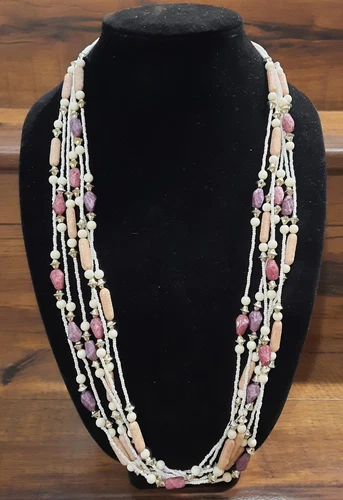 VETEMENTS Collana di perline multifilo 30" ~ viola bianco oro marrone ~ versatile ed EX COND!!