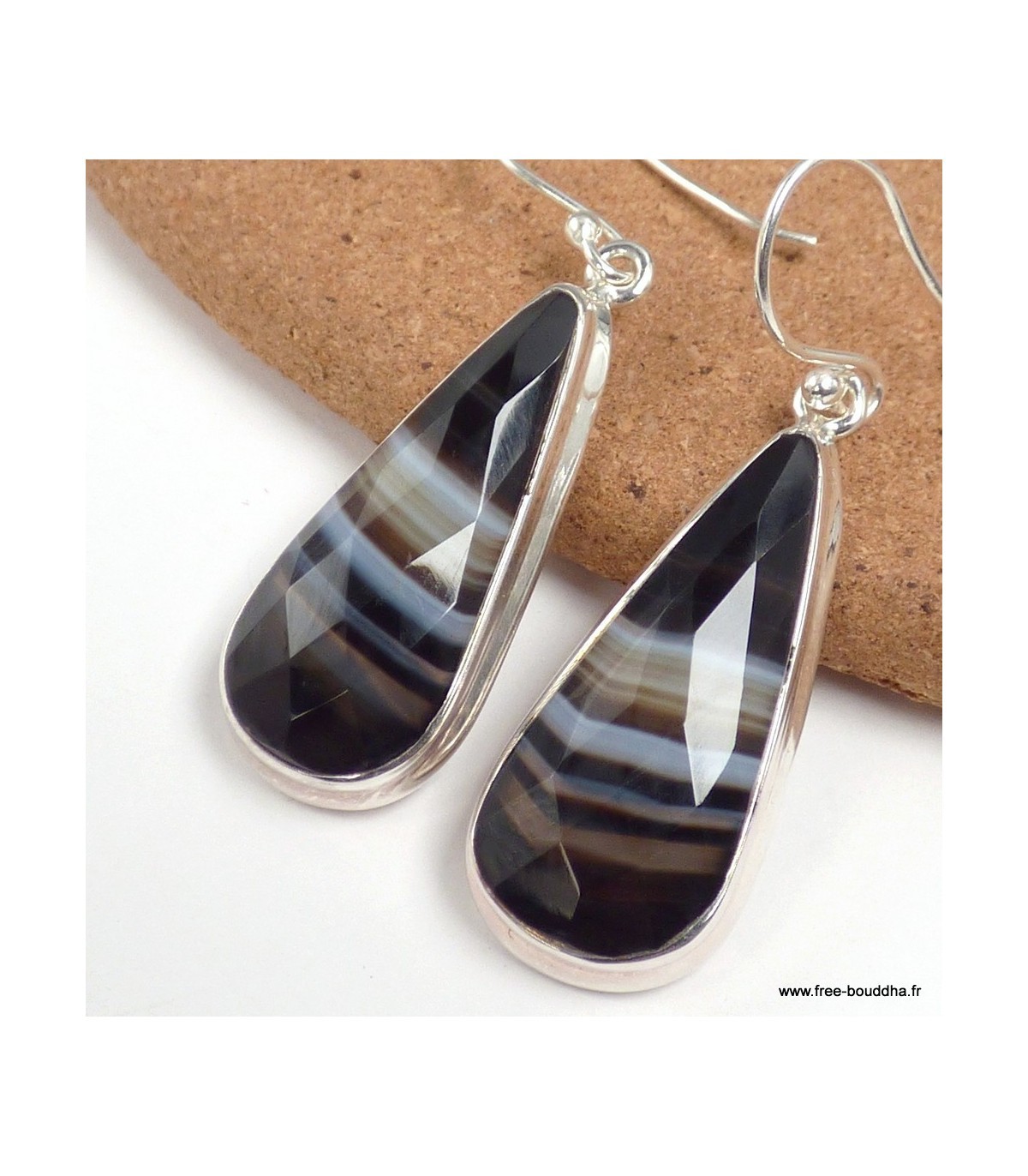 Boucles d'oreilles Agate noire à bandes goutte XV107.2 facettées