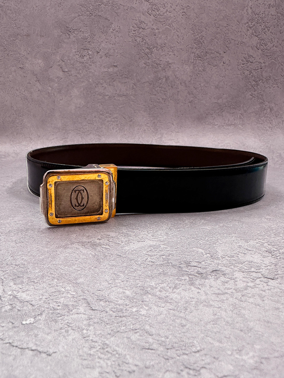 Cartier Retro 90s black and gold buckle leather unisex belt belt