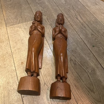 Vintage massive Teak Sawasdee betende Willkommen Frau Statue 18,5'' hoch x 2 