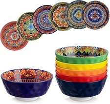 Boho Cereal Bowls Set of 6 26 oz Ceramic Soup Bowls W/ Colorful Bohemian Pattern