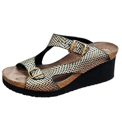 Mephisto Women Black Gold Snakeskin Leather Wedge Sandals Cork Footbed Size 39 - Image 1 of 4