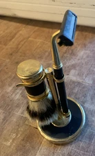 Vintage Brass RAZOR & SHAVING BRUSH STAND 3-Piece Set Nice