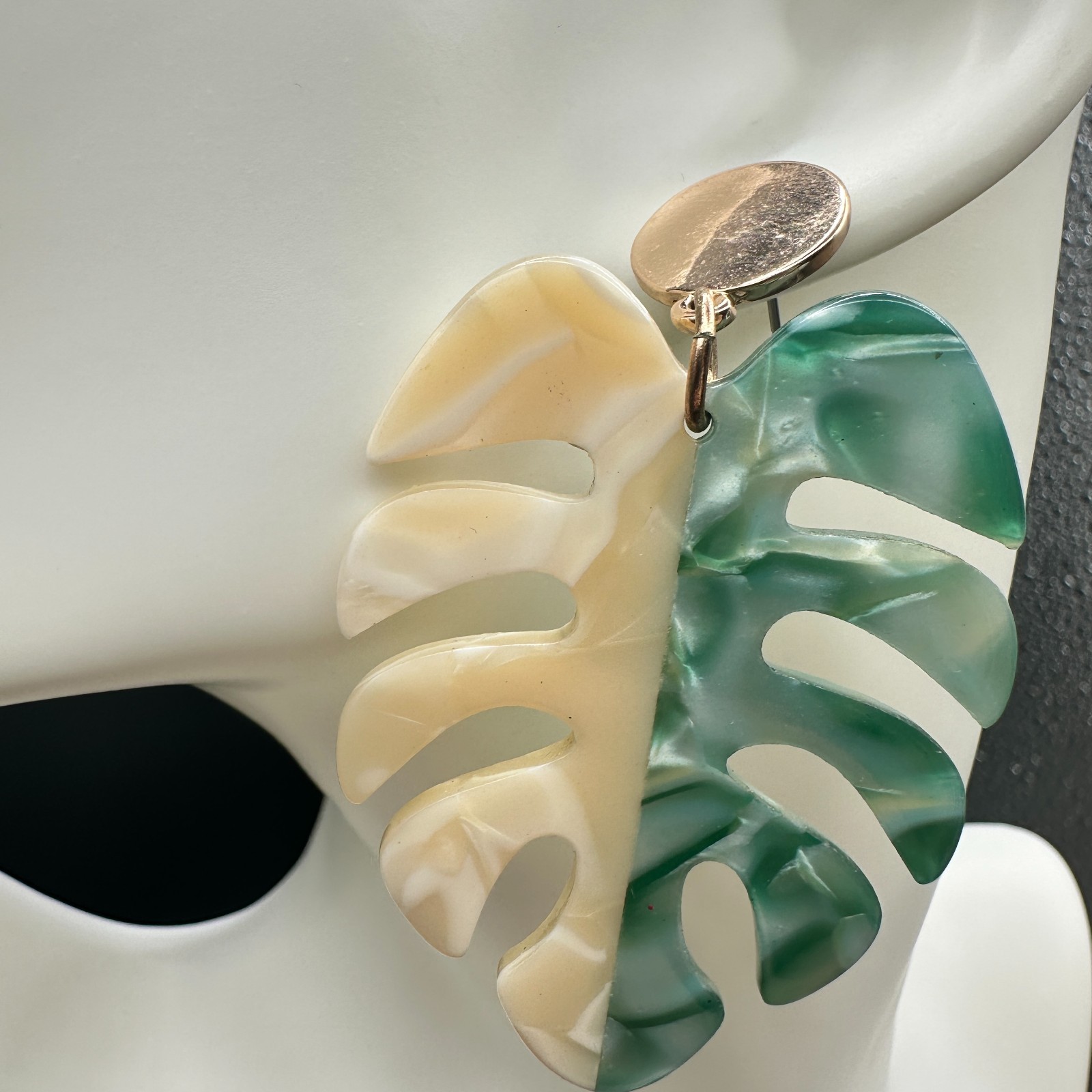 Acrylic Monstera Leaf Statement Earrings Green Cr… - image 5