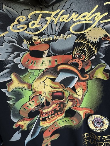 RARE Ed Hardy Size S Death Or Glory Zip Black Hoodie 7 Embrd Patches Skull Y2K - Picture 19 of 20