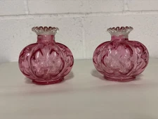2 VINTAGE FENTON CRANBERRY ART GLASS MELON RUFFLED  VASES
