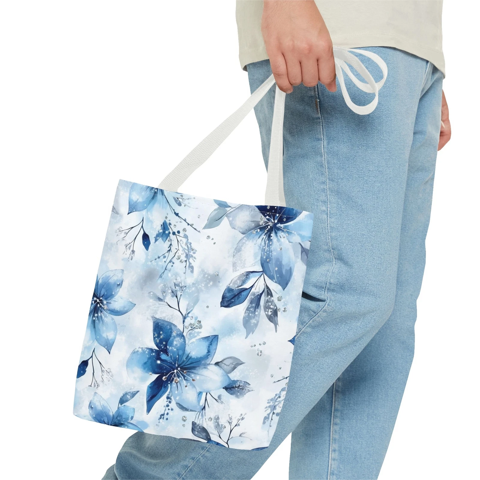 Light Blue Floral Tote Bag for Women, Spring Blossom Pattern