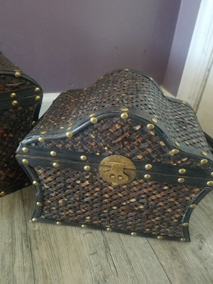 Set Of 2 Vintage Bombay Wicker/Rattan Brass Studded Storage Cases/Nesting - Image 3 of 4