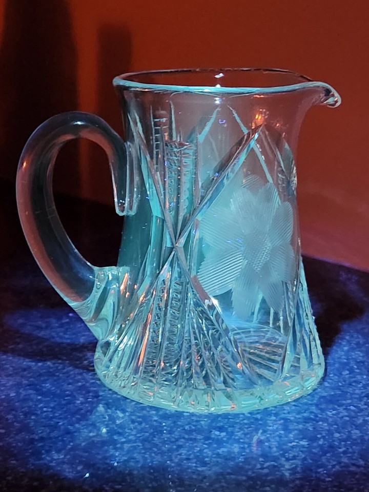 Vintage Crystal Cut Glass Small Creamer Pitcher Etched Flowers Glows