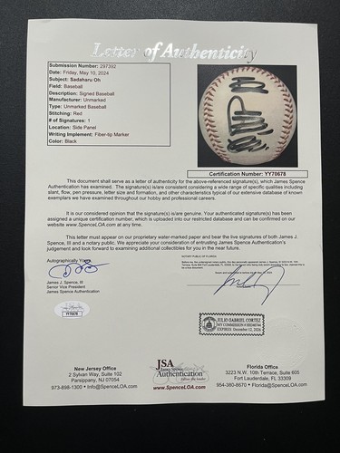 Sadaharu Oh Autographed Japanese Kanji characters signed Baseball JSA Loa - Picture 9 of 10