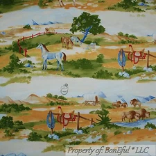 BonEful Fabric FQ Cotton Quilt Scenic Country Ranch Farm Barn Horse Tree Buffalo