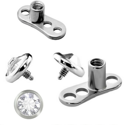 2 SETS Implant Grade Titanium Micro Dermal Anchor Base+5mm Clear CZ Gem Flat Top - Picture 1 of 5