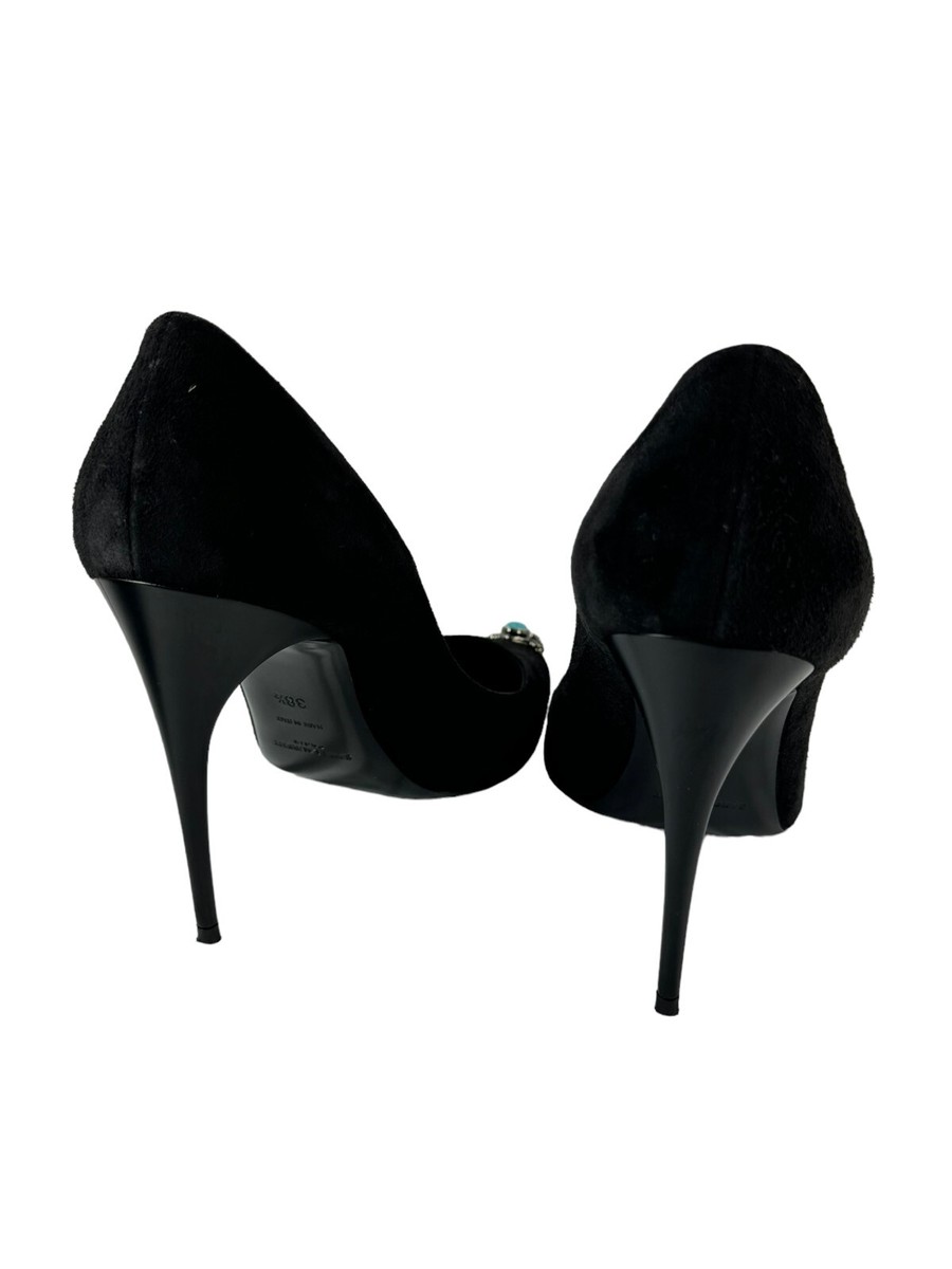 SAINT LAURENT Black Suede Zoe Metal Turquoise Cap Toe Pumps SAINT LAURENT Black Suede Zoe Metal Turquoise Cap Toe Pumps