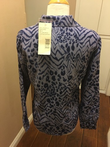 Lemon Grass women's blue animal print Pintuck long sleeve top blouse with zipper - Picture 6 of 11