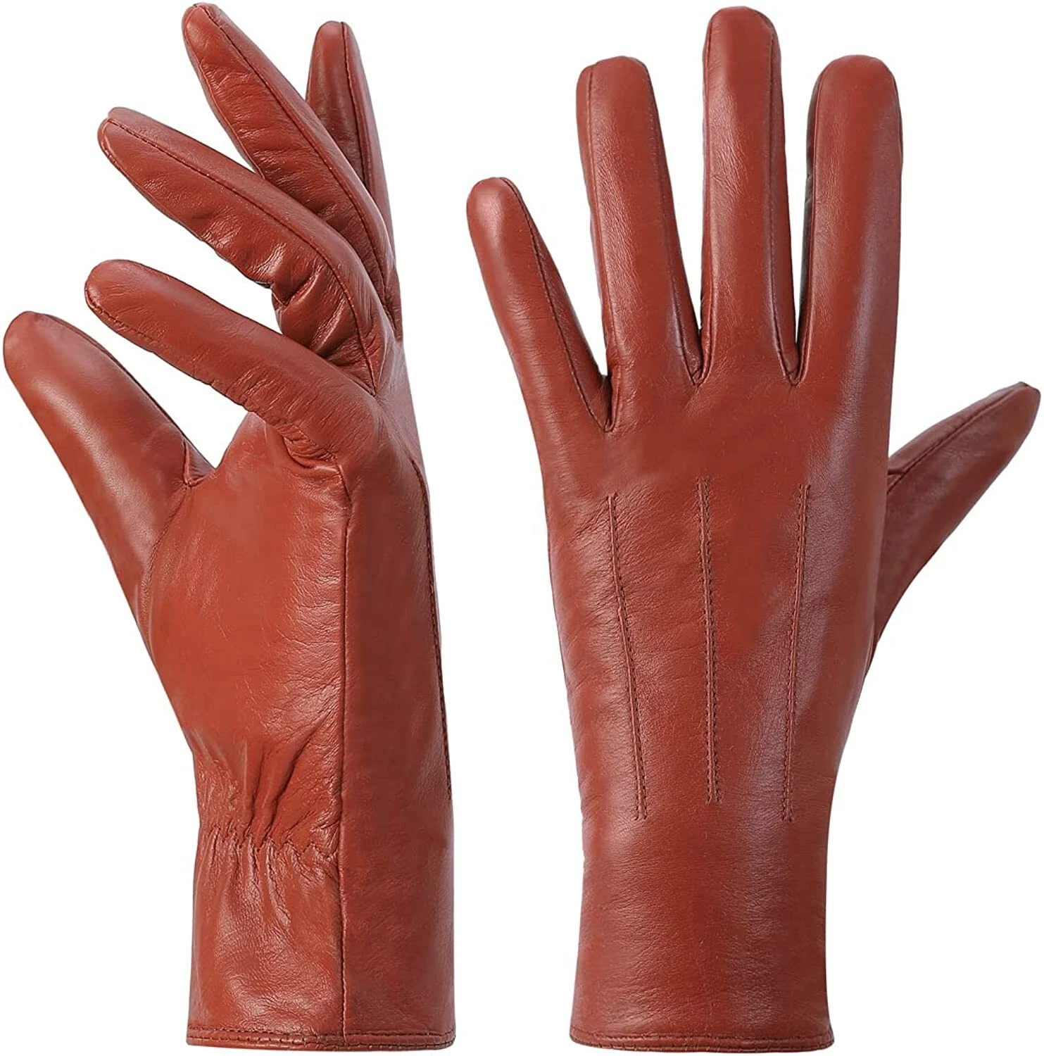 Leather Gloves Women,Winter Warm Cashmere Lining Tan Orange / Red SMALL