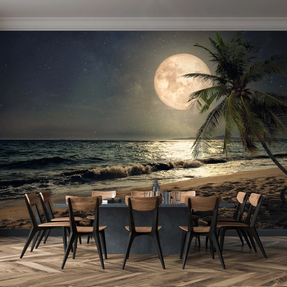 Bedroom Wallpaper moon Wall Mural Halloween background beach palms sea night sky