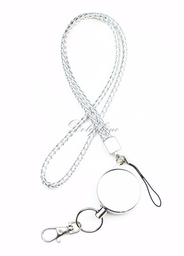Braided Leather Lanyard with Metal Retractable Badge Reel key ring, black/silver - Picture 12 of 31