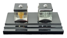 Premium Art Deco Black Glass Double Inkwell Chrome Inkstand Desk Set