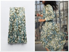 NEW ZARA MIDI MAXI PLEATED SKIRT FLORAL LAMINATE GOLD SHIMMER PULL ON 2588/906 S