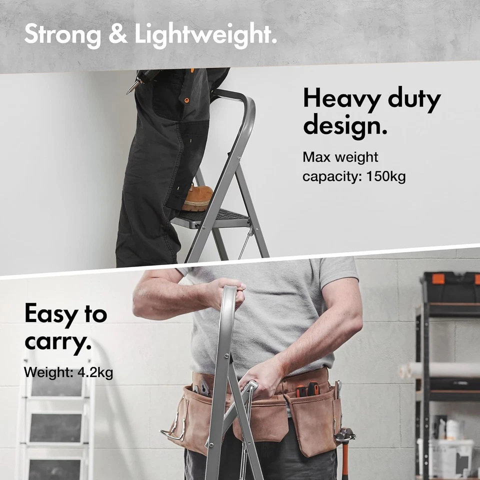 VonHaus Escalera de Acero de 2 Pasos - Plegable, Antideslizante, Capacidad 150KG para Hogar Foto 3 de 4