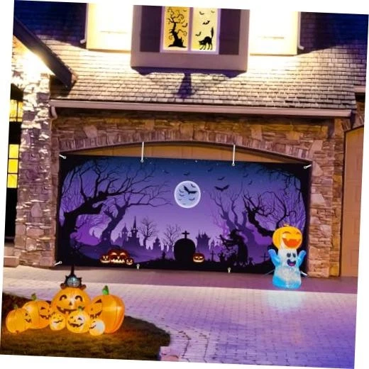 Halloween Garage Door Cover - Purple Night Bat Full Moon Witch