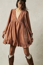 Free People Estella Crushed Velvet Rose Blush Dress Size Medium