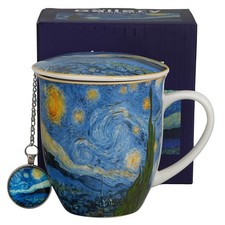 Kaffeebecher Becher mit Teesieb und Deckel Sternennacht Van Gogh 400ml Porzellan