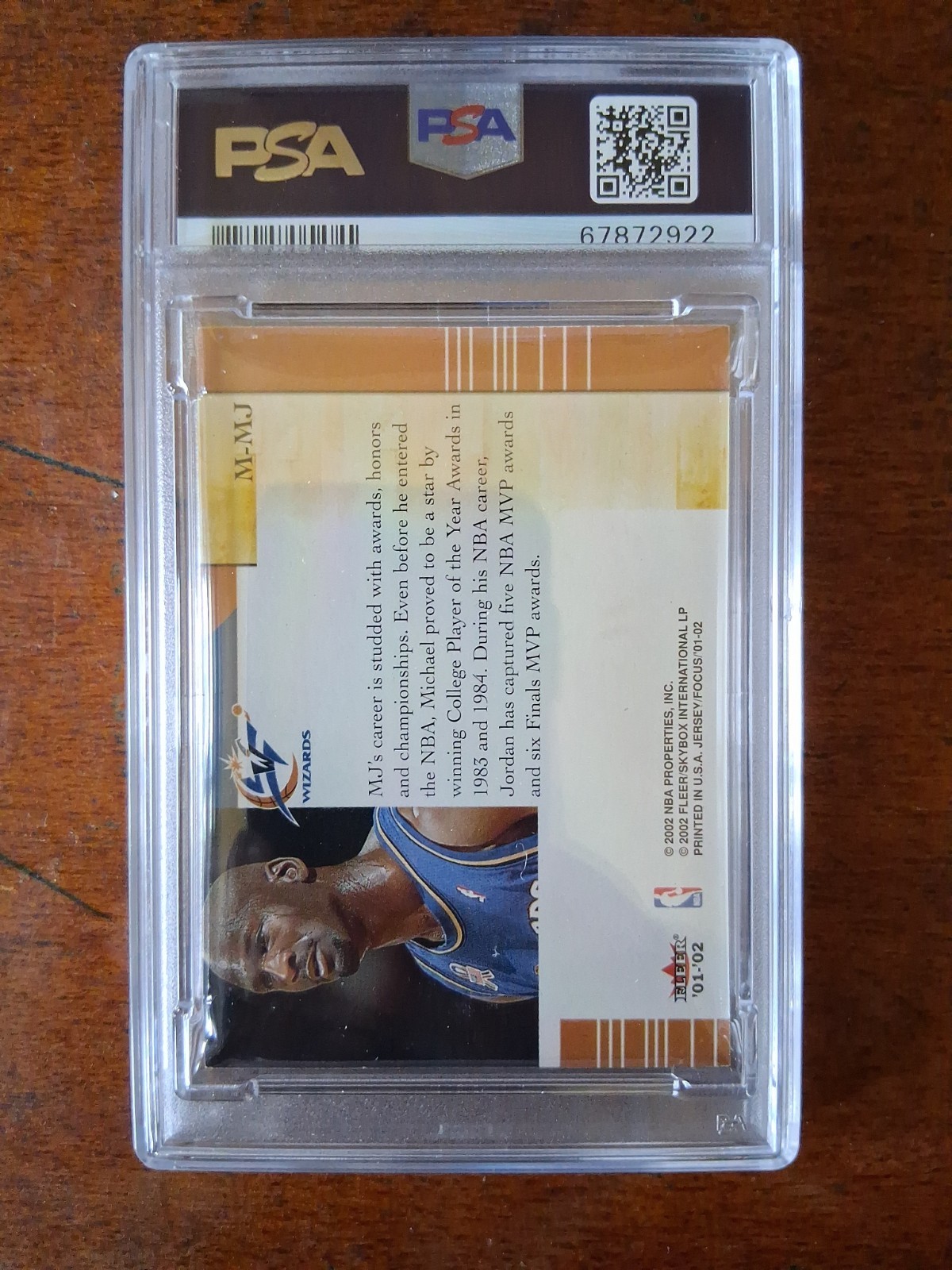 2001-02 Fleer Focus Jersey Edition Materialistic Away Michael Jordan #M-MJ PSA 6 view 2